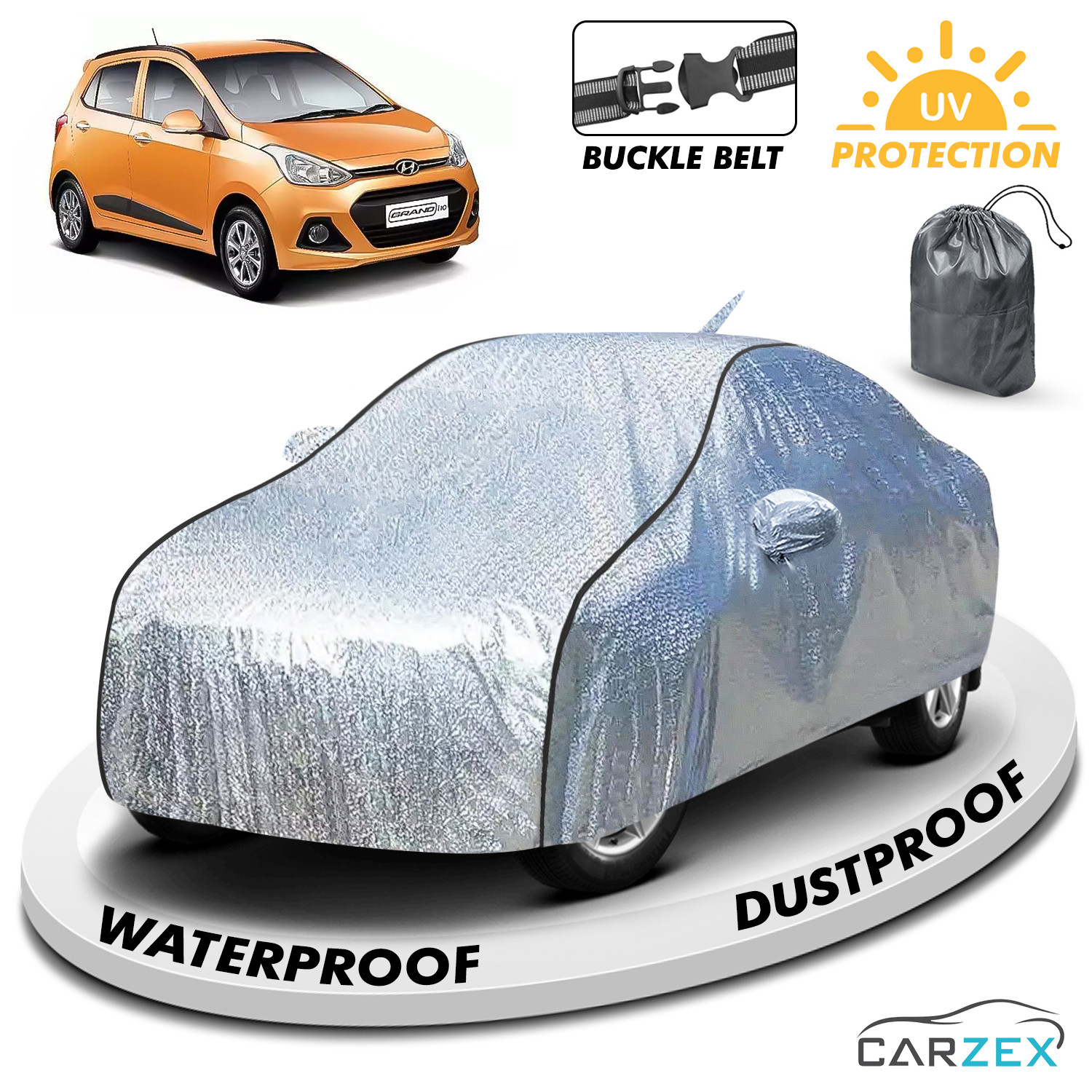 Carzex Waterproof & Heat Resistant Metallic Silver With Black Border Car Body Cover with Mirror & Antenna Pockets For Hyundai Grand I10